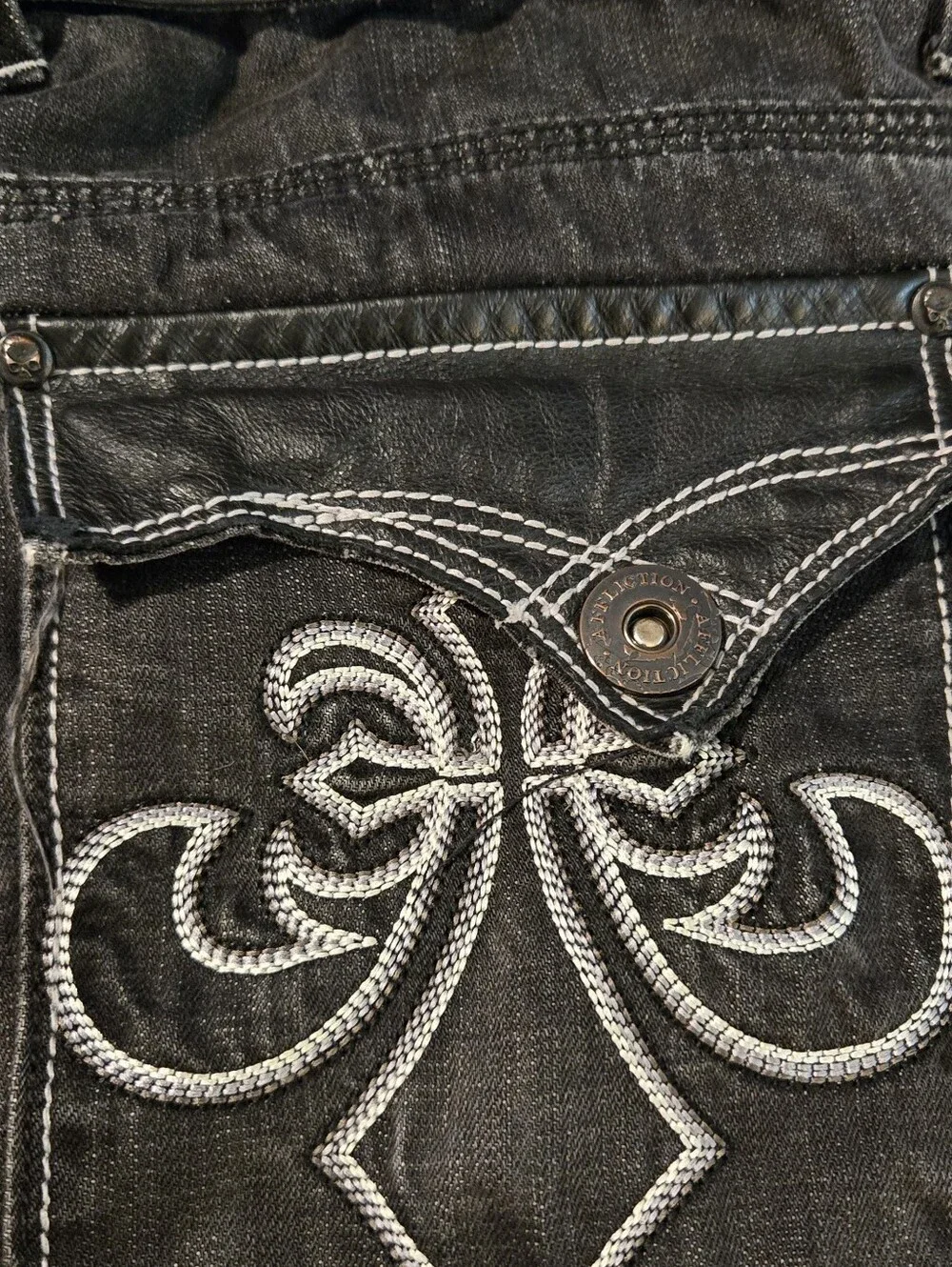 Affliction Black Bootcut Jeans with Fleur-de-Lis Stitching